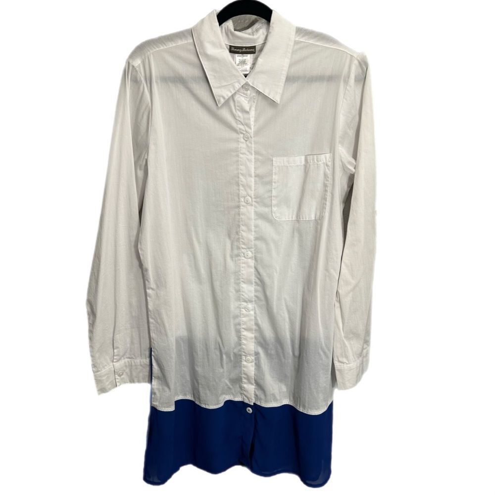 Tommy Bahama White Button Down with Blue Sheer panel Women’s Size XL Tunic